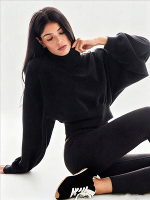 Women's Autumn/Winter Solid Color High Neck Loose Long Sleeve Sweatshirt