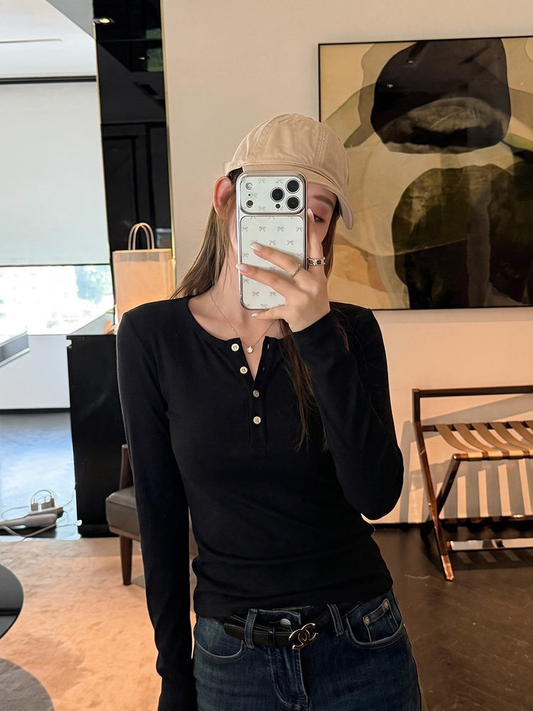 Korean Style Henley Collar Top With Straight Shoulders