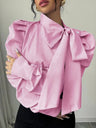 Puff Sleeve Bow Ribbon Stripes Leisure Shirts