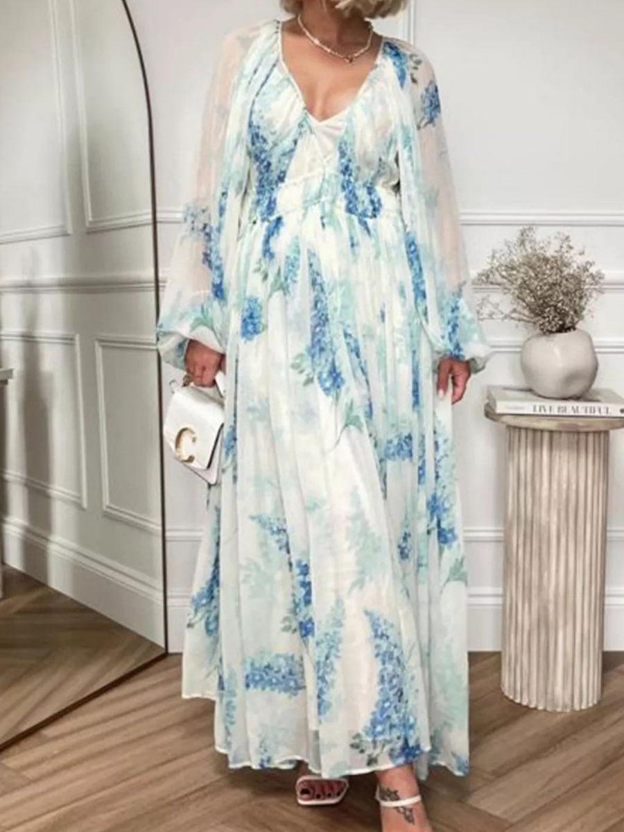 Printed Chiffon Drawstring Maxi Dresses