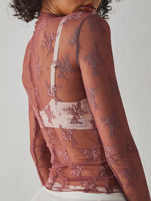 Lace See-through Sexy Mesh Mock Neck Long-sleeved Top