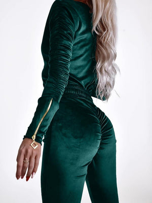 Velvet Zipper Metal Belt Jumpsuit