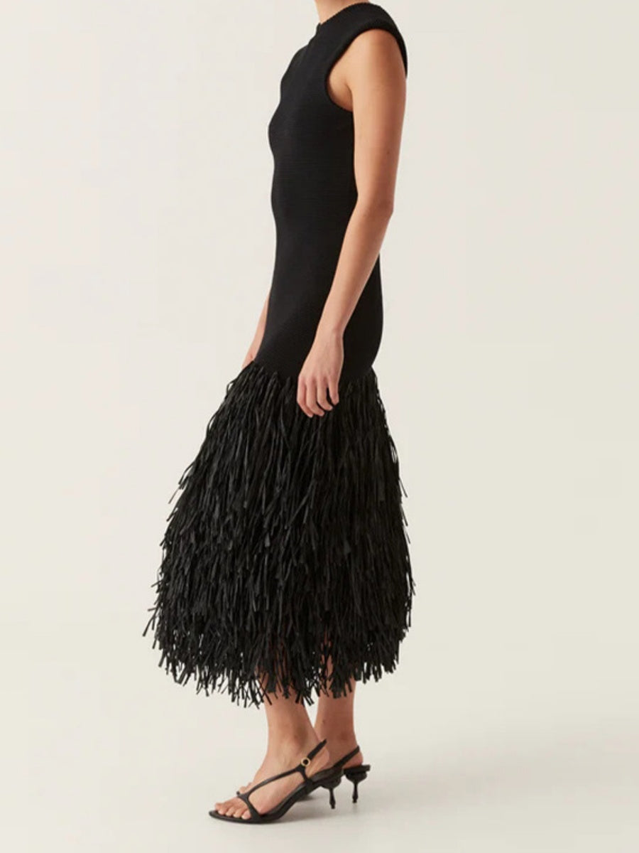 Robes maxi en tricot à pompons et patchwork de raphia uni