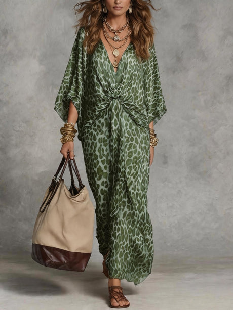 Leopard Print V-neck Fitted Waist Long Dress