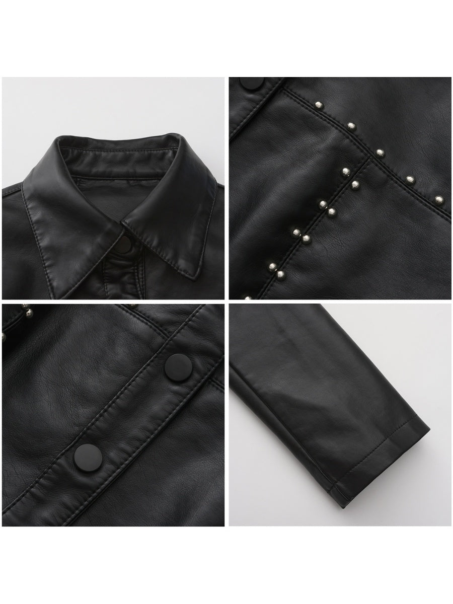 Buttons Studs Short Leather Jacket