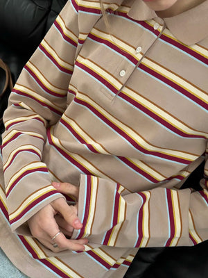 Long-sleeved Striped T-shirt, Polo Collar, Loose-fitting T-shirt
