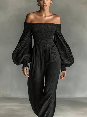 Off-shoulder Long-sleeved Pleated Fabric Jumpsuit In Solid Color