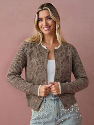 Cable Knit Color-blocked Trim Faux Two-piece Round Neck Knit Cardigan