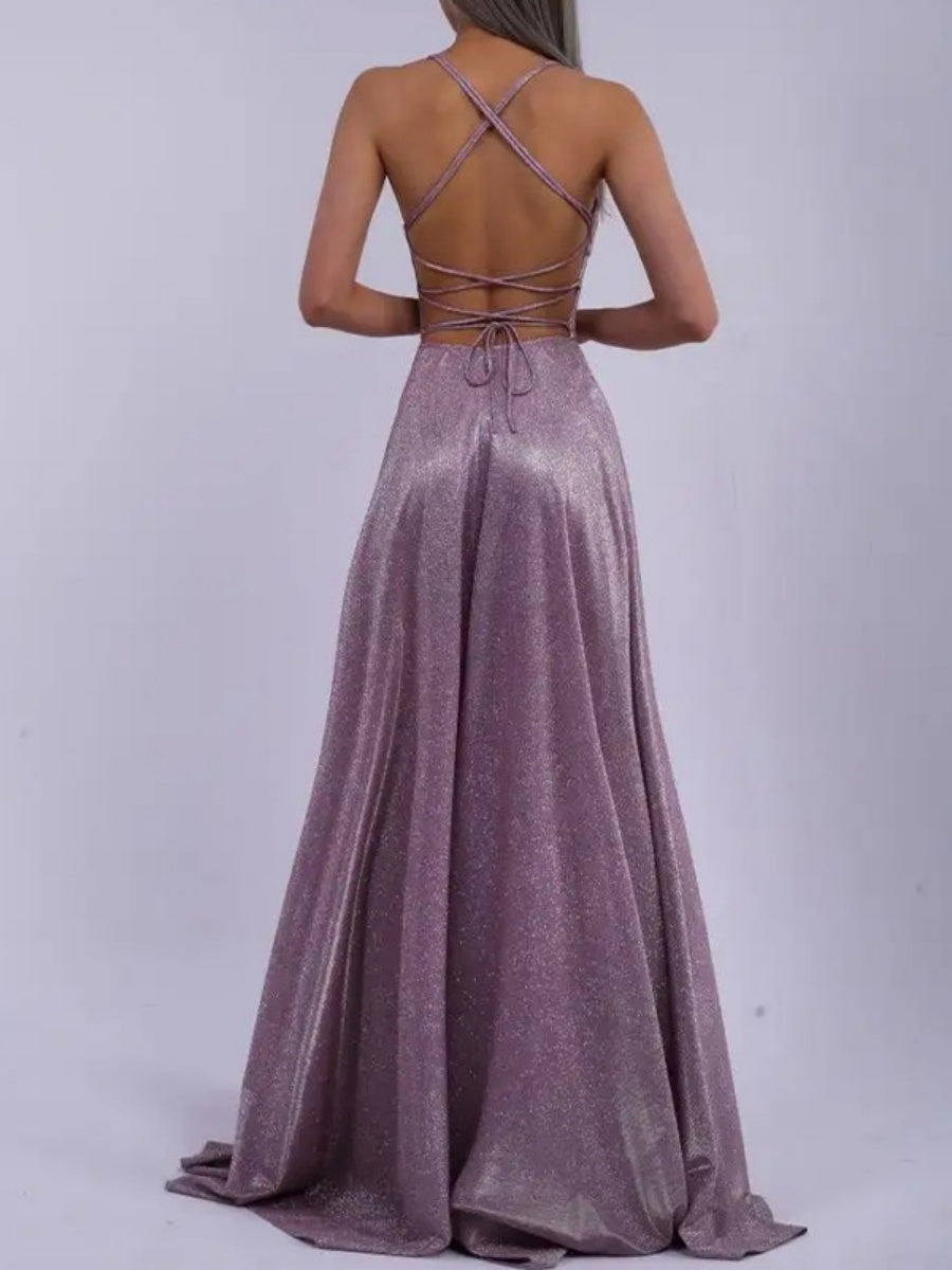 Sexy Backless Design With Slit And Flashing Light Lace Up Maxi Dresses