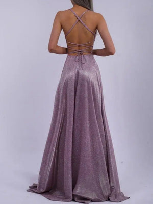 Sexy Backless Design With Slit And Flashing Light Lace Up Maxi Dresses