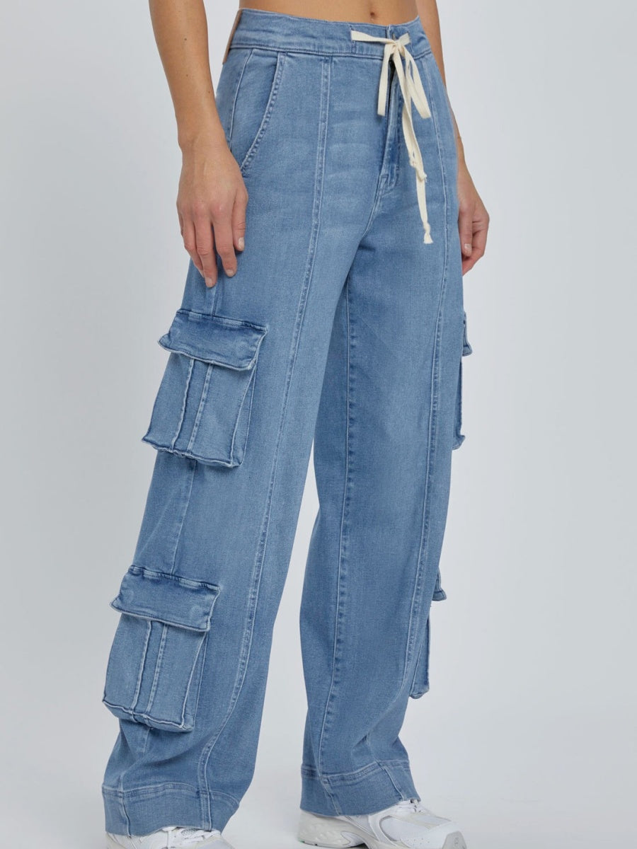 Washing Multiple Pockets Wide Leg Lace Up Jeans