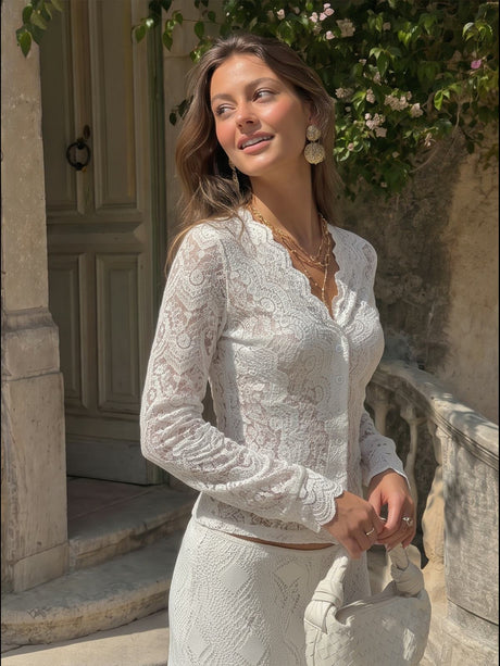 Lace Jacquard Buttons Solid Color Blouse&Shirts