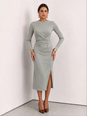 Solid Color Knot, Slit Solid Color Midi Dresses