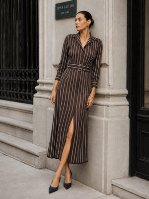Stripe Belt Waist-cinching Slit Stripes Midi Dresses