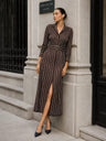 Stripe Belt Waist-cinching Slit Stripes Midi Dresses