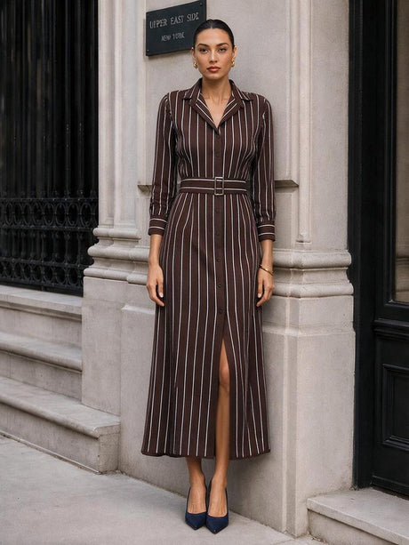 Stripe Belt Waist-cinching Slit Stripes Midi Dresses