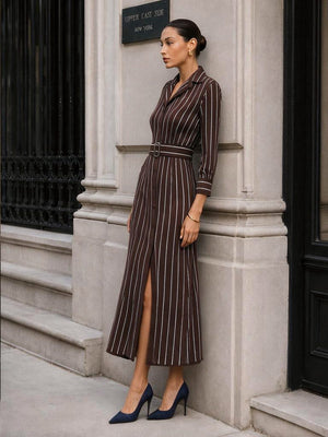 Stripe Belt Waist-cinching Slit Stripes Midi Dresses
