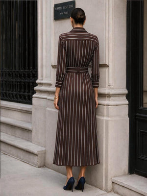 Stripe Belt Waist-cinching Slit Stripes Midi Dresses