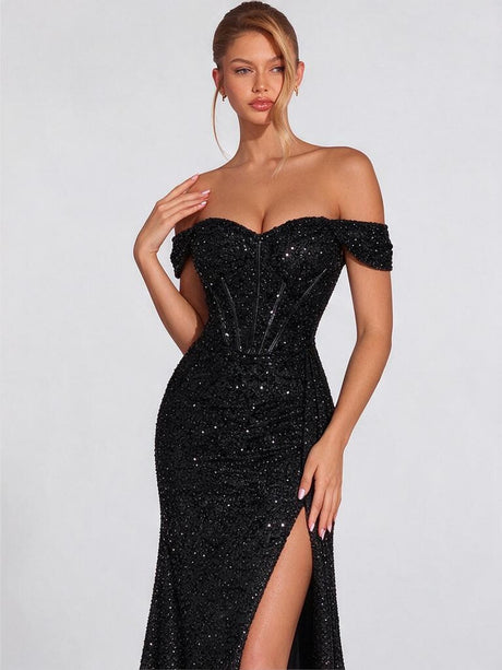 Sequined Strapless Sexy Banquet Dress With Slit, Long And Fitted