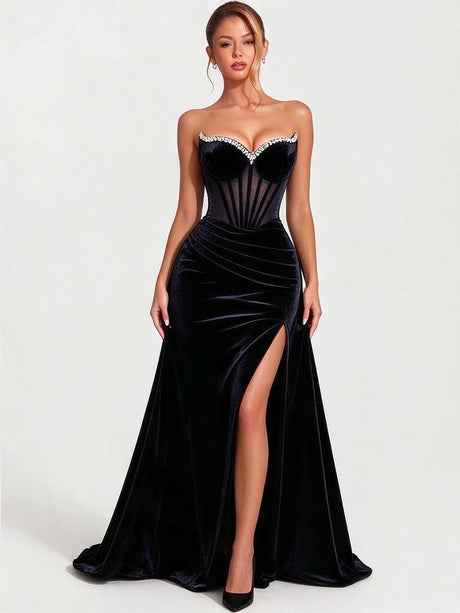 Strapless, Slit, Rhinestone-embellished, Luxurious Long Dress