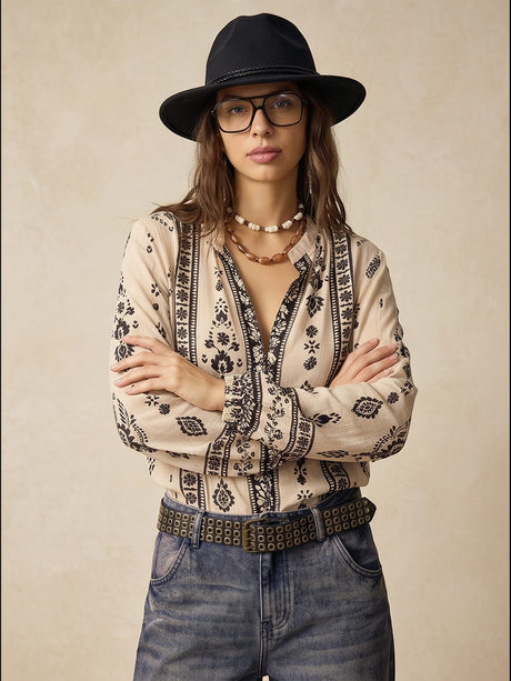 Geometric Print V-neck Long-sleeved Shirt