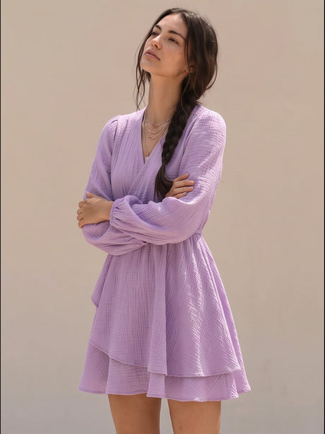 Chiffon V-neck Balloon Sleeve Sweet Mini&Short Dresses