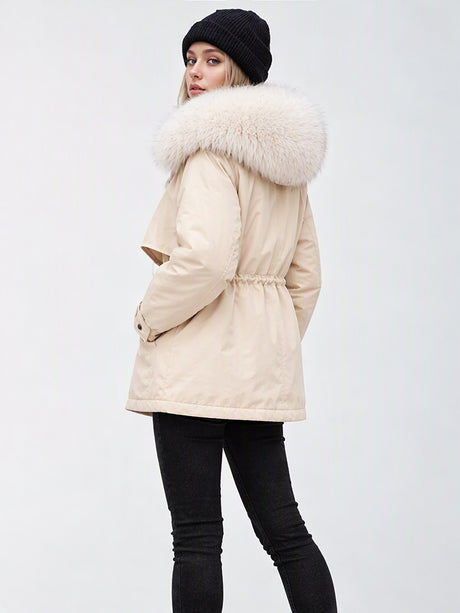 Parka With Fur Collar Drawstring Waist Pocket Casual Cotton-padded Jackets/down Jackets