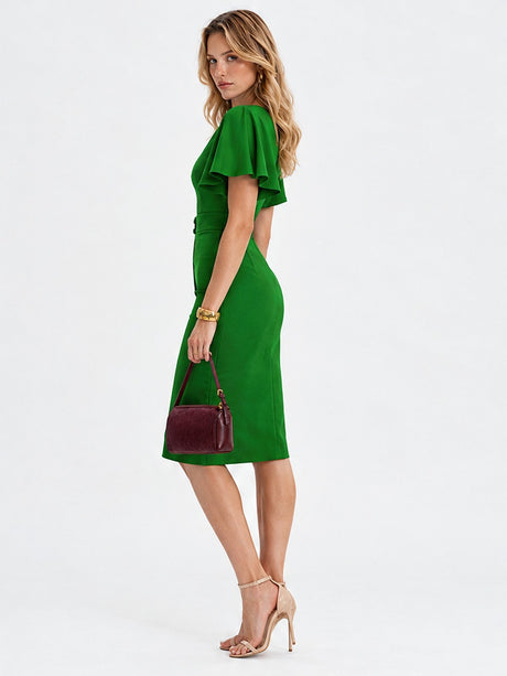Commuting Lotus Leaf Sleeves Buttons Solid Color Mini&Short Dresses