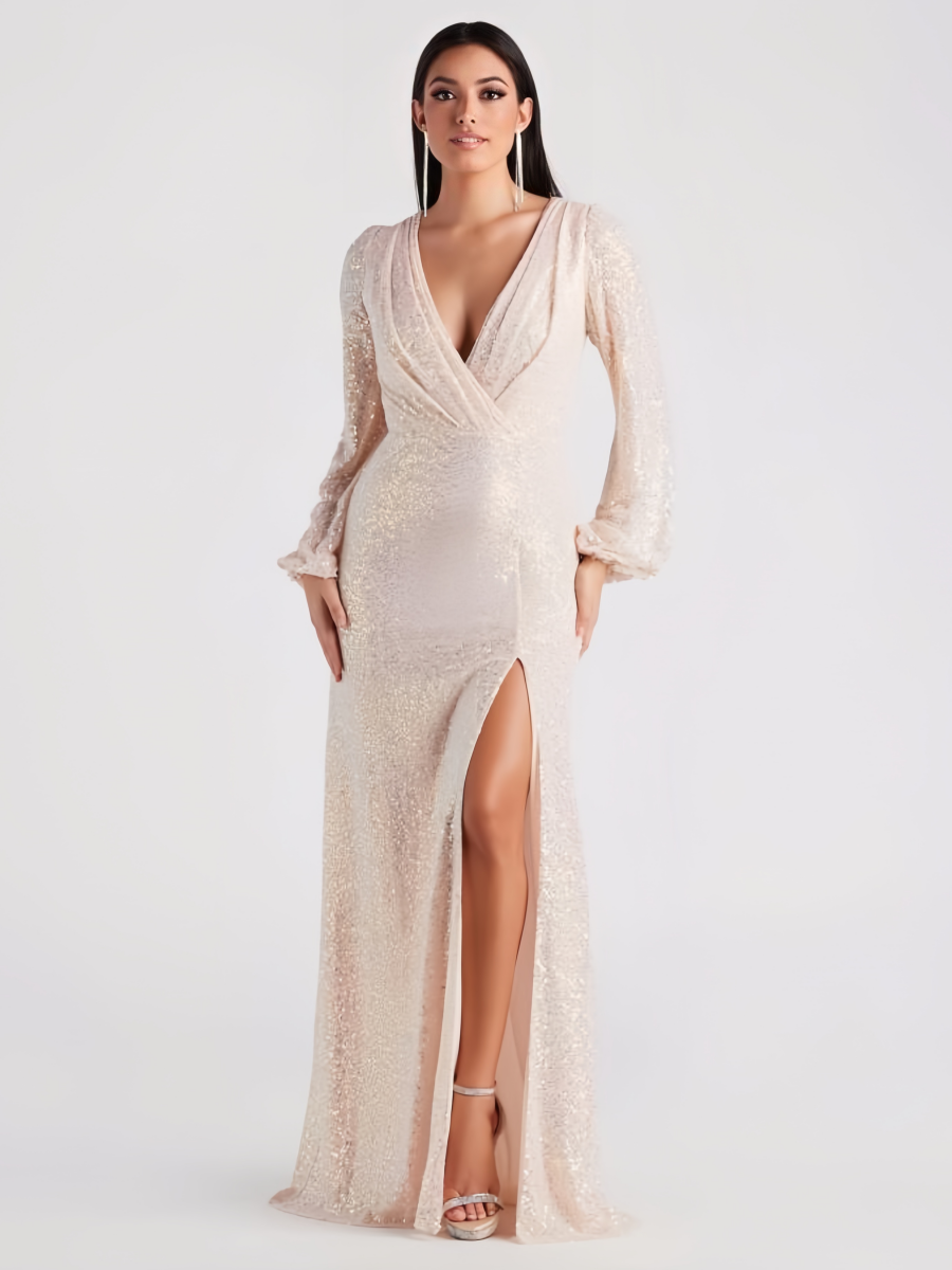 V-Neck High Side Split Sequins Maxi Dresses