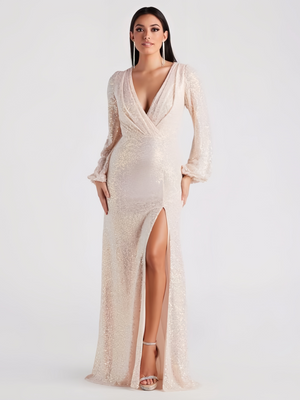 V-Neck High Side Split Sequins Maxi Dresses