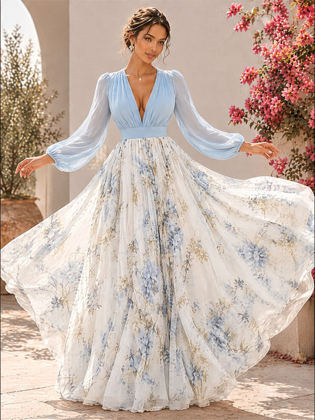 Floral Print With Ribbon Long Sleeve V-neck Patchwork Long Dress