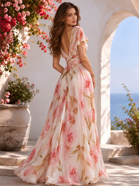Floral Print Short Sleeve V-neck Long Dress