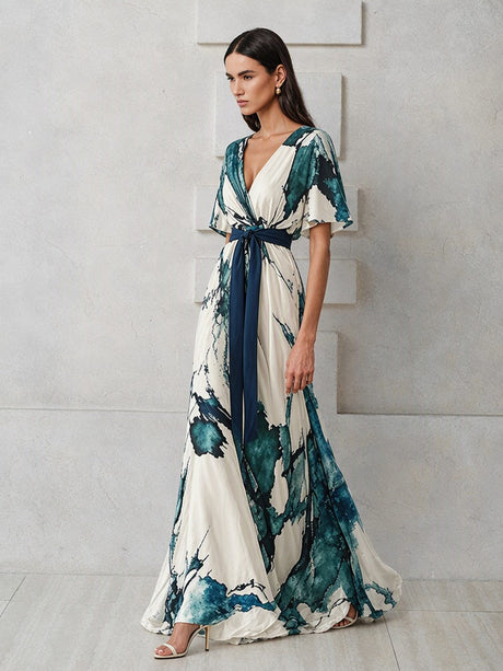 V-neck Digital Printing Thin Rope Short-sleeved Long Dress