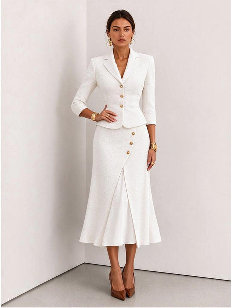 Single-breasted Three-quarter Sleeve Blazer Button-up Slit Skirt 2-piece Sets