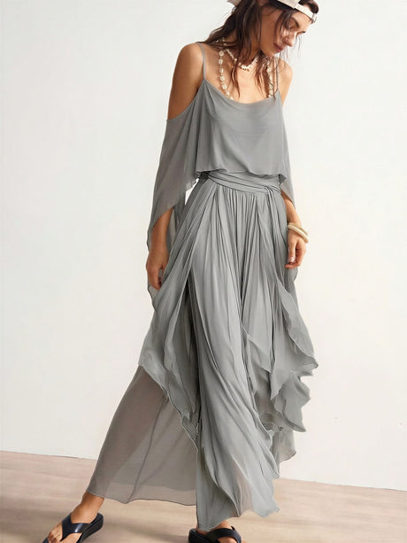 Gray Chiffon Off-shoulder Camisole Wide-leg Pants Two-piece Set