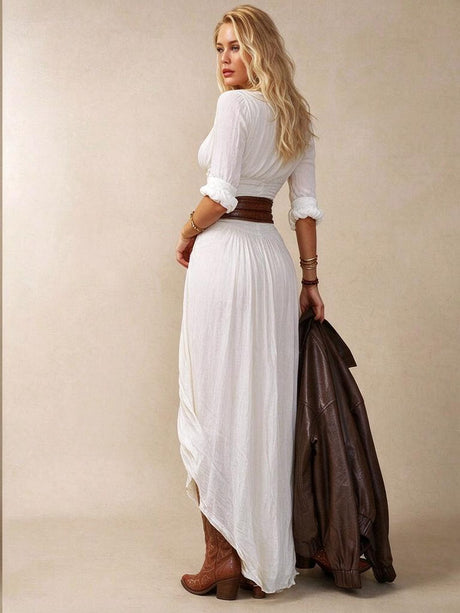 V-neck Long Sleeve Irregular Folds With Belt Maxi Dresses