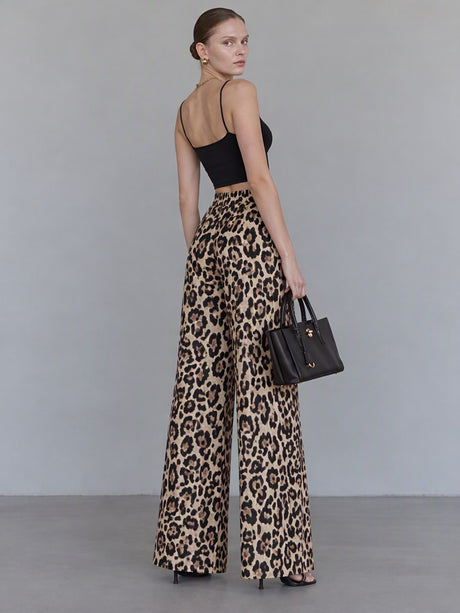 Pantalon ample et décontracté à taille élastique et imprimé léopard