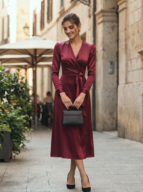 Long-sleeved V-neck Wrap Style Satin Waist Cinching With Straps Elegant And Formal Evening Wear: Midi Dress