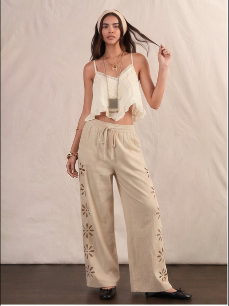Minimalist Style Drawstring Hollow-out Solid Color Loose Wide-leg Trousers