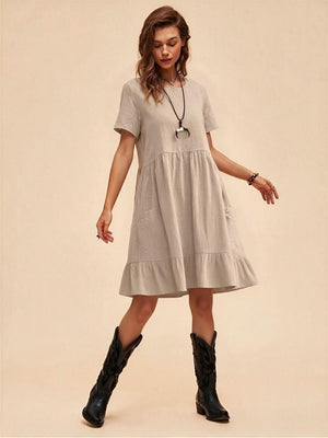 Retro Loose-fitting Pocket Solid Color Round Neck Cotton Linen Short Dress