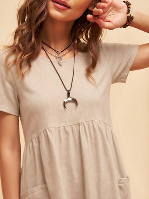 Retro Loose-fitting Pocket Solid Color Round Neck Cotton Linen Short Dress