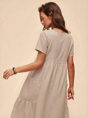 Retro Loose-fitting Pocket Solid Color Round Neck Cotton Linen Short Dress