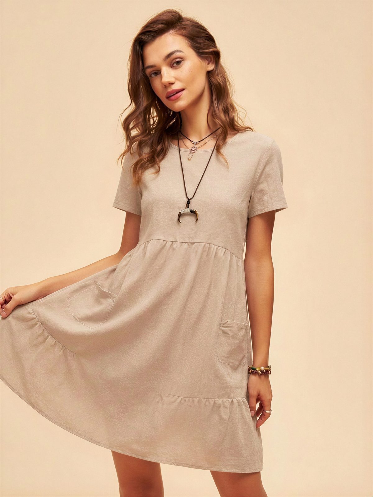Retro Loose-fitting Pocket Solid Color Round Neck Cotton Linen Short Dress