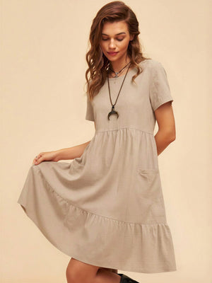 Retro Loose-fitting Pocket Solid Color Round Neck Cotton Linen Short Dress