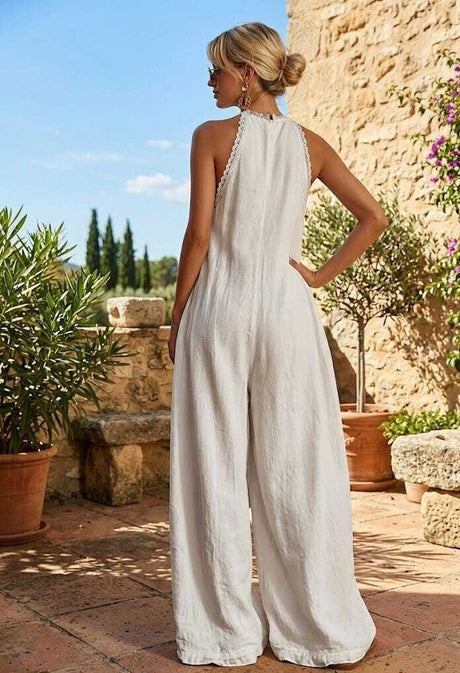 Elegant And Comfortable Lace-trimmed Loose Linen Jumpsuit
