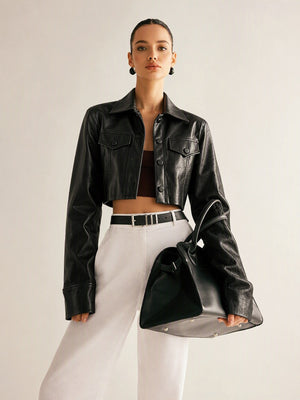 Street-style Sexy Biker Jacket With Lapel And Button-down Leather Short Jacket