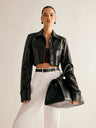 Street-style Sexy Biker Jacket With Lapel And Button-down Leather Short Jacket