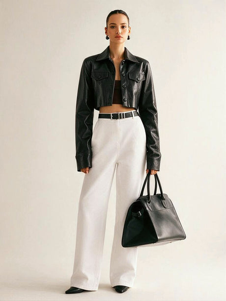 Street-style Sexy Biker Jacket With Lapel And Button-down Leather Short Jacket