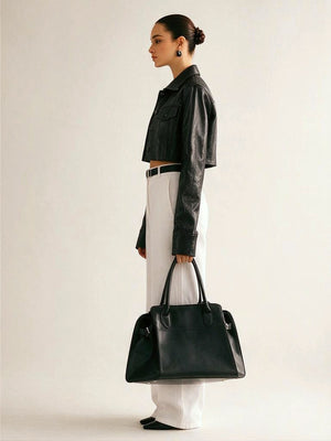 Street-style Sexy Biker Jacket With Lapel And Button-down Leather Short Jacket