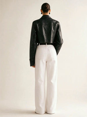 Street-style Sexy Biker Jacket With Lapel And Button-down Leather Short Jacket